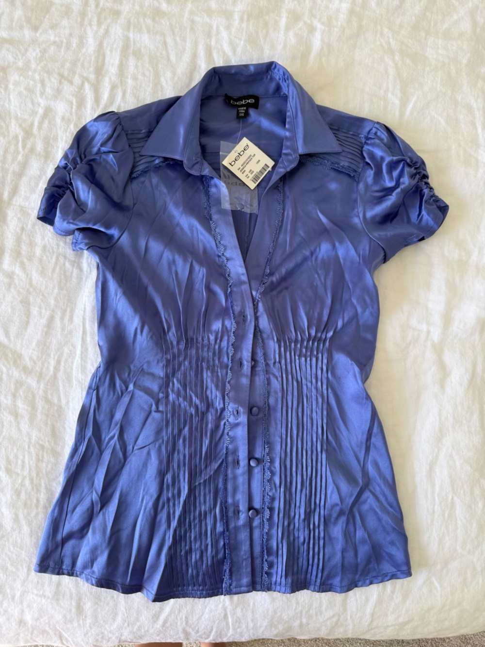 bebe Women's Blue Satin Pintuck Button Front Top